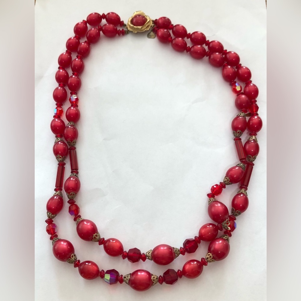 Vintage JUDY LEE Double Strand Lucite Red Necklace